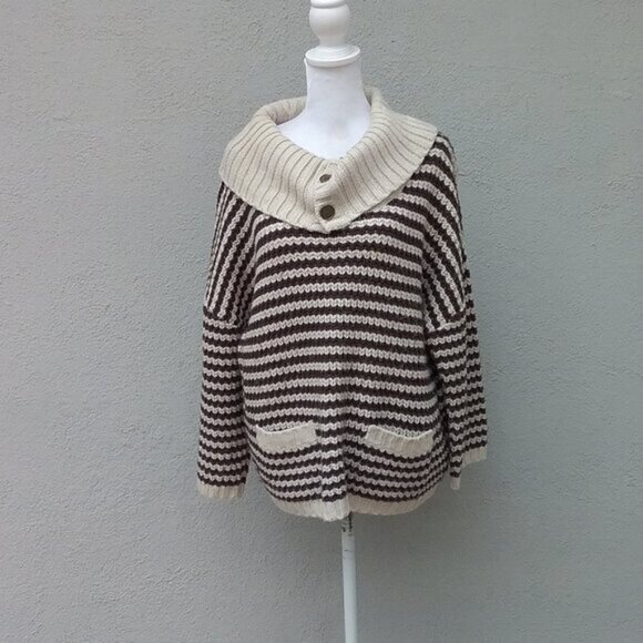 Nordstrom Caslon Sweater Women's Large Brown Cream Stripe Preppy Pockets Cowl - Picture 1 of 6